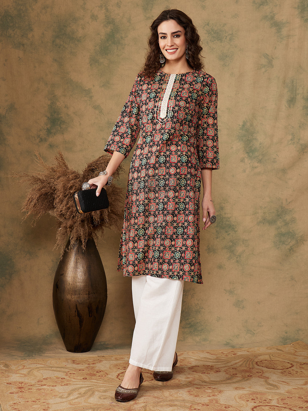 InWeave Women's Black Maroon Print Lace Gota Work Straight Kurta - Distacart