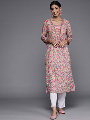 Varanga Women Taupe & Pink Cotton Floral Print Kurta - Distacart