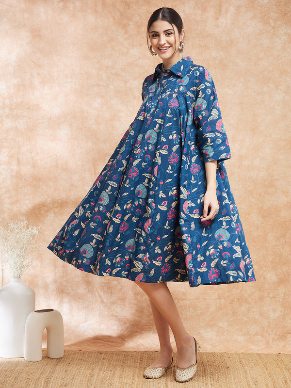 InWeave Women's Blue Pink Kalamkari Flared Dress - Distacart