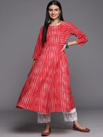 Thumbnail for Varanga Red Printed A-Line Kurta With Three Quarter Sleeves - Distacart