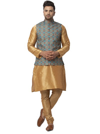 Thumbnail for Kalyum Men's Silk Blend Copper Kurta With Pyjama & Sea Green Printed Nehru Jacket - Distacart