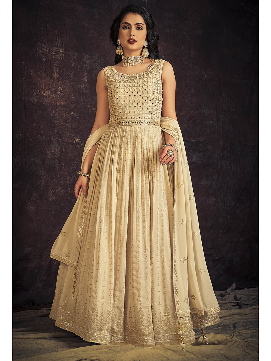 Myra Cream Real Georgette Designer Gown Style Suit - Distacart