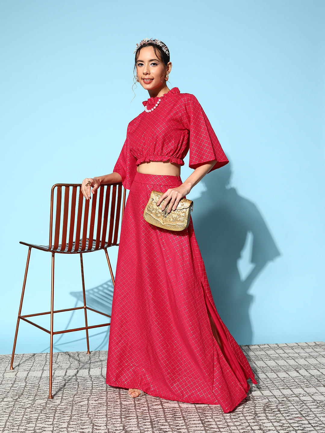 InWeave Women's Candy Red Gold Crop Top With Side Slit Skirt - Distacart