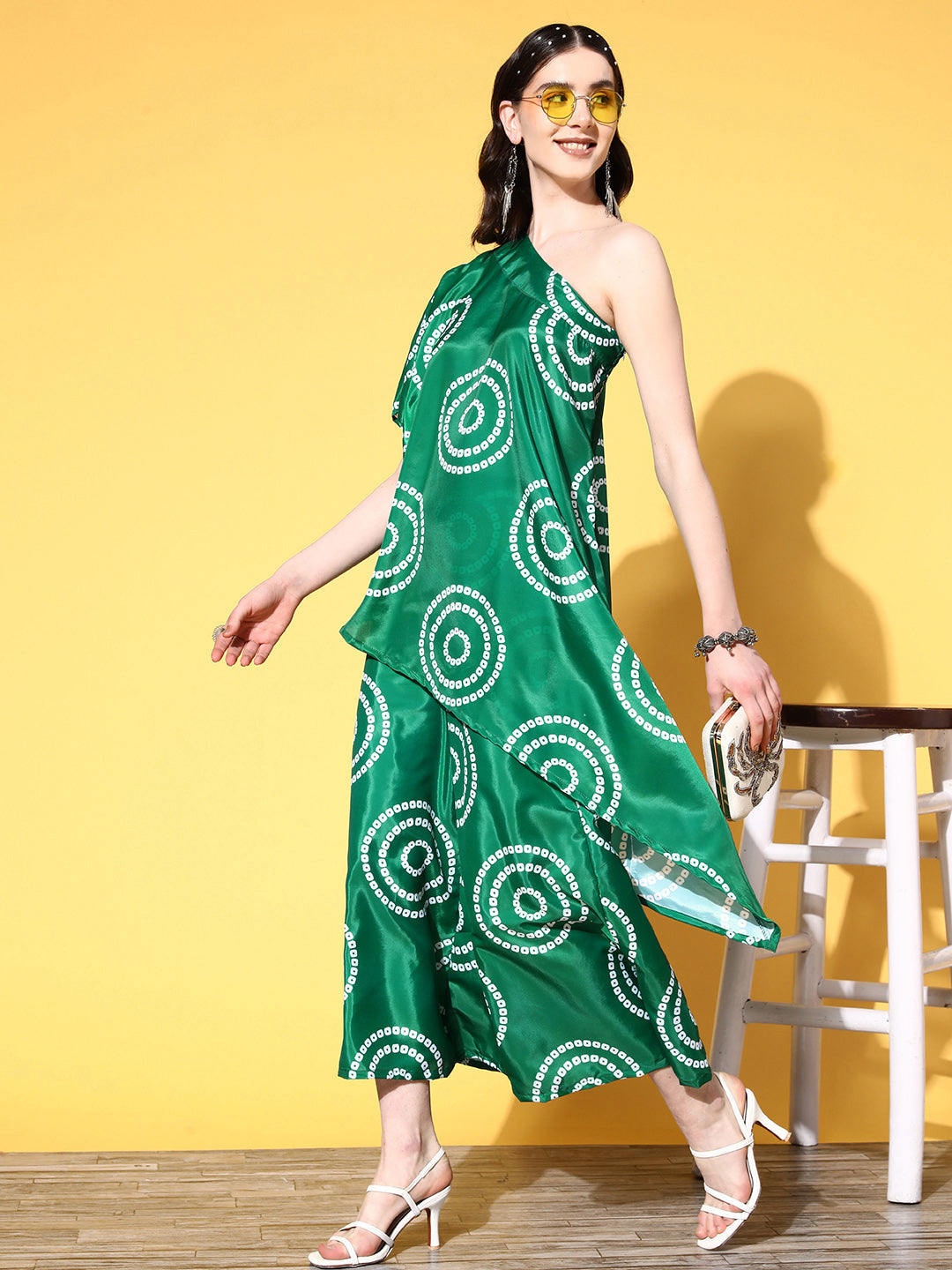 InWeave Women's Green Bandhani Motif One Shoulder Palazzo Set - Distacart