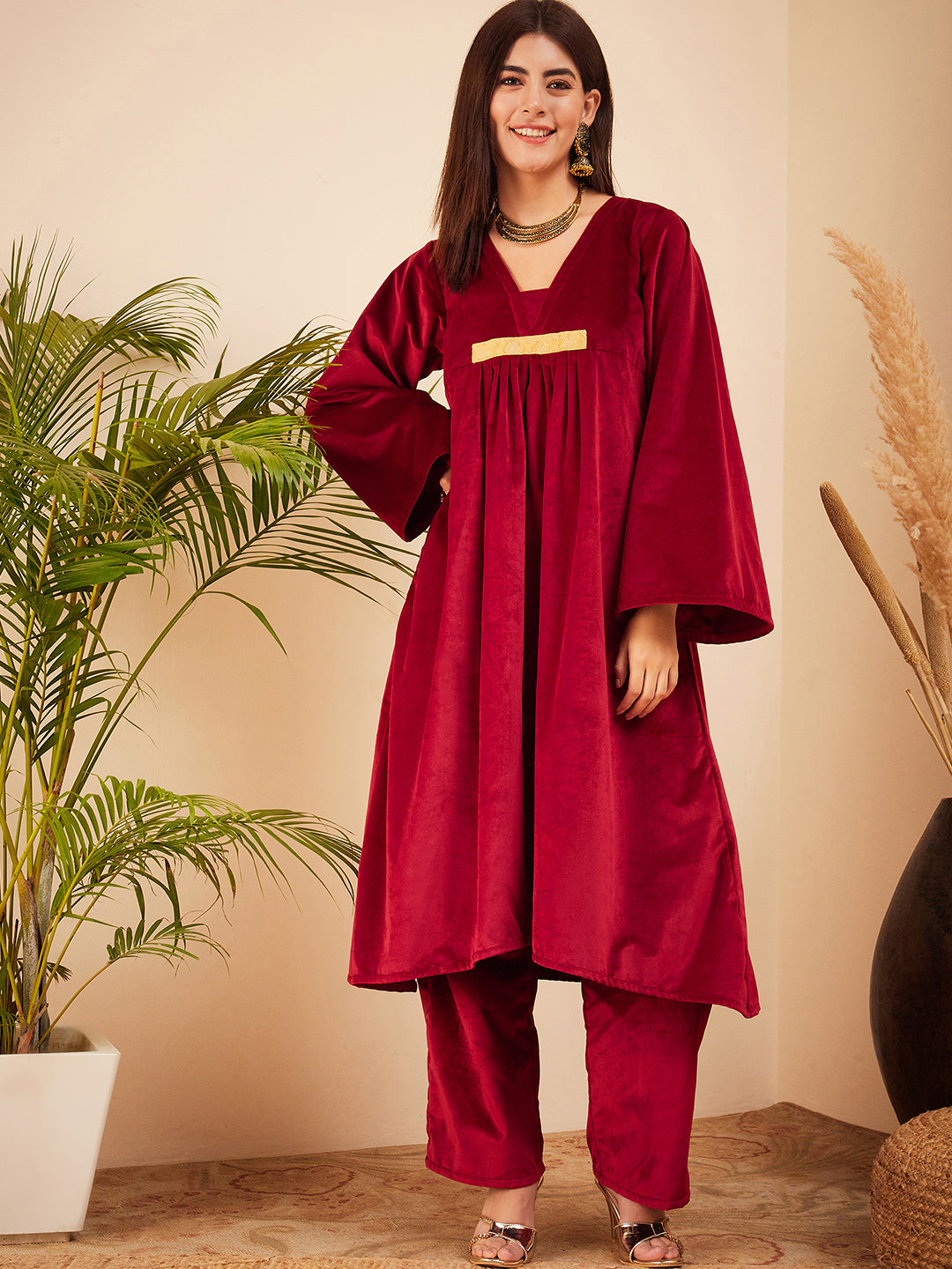 InWeave Women's Barn Red V Neck Asymmetrical Pleated Velvet Kurta Set - Distacart