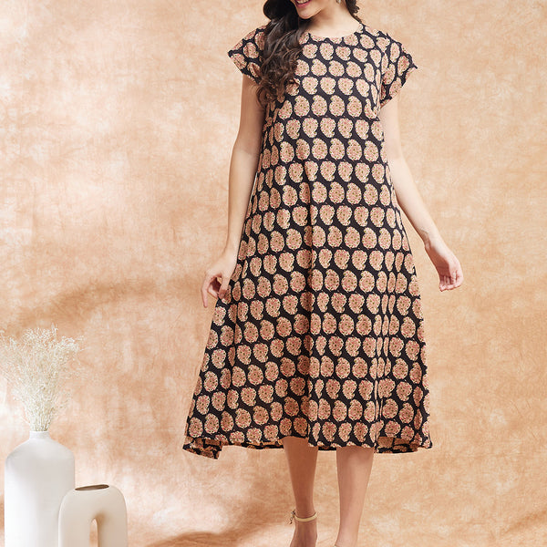 InWeave Women's Black Small Paisley Kalamkari A Line Dress - Distacart