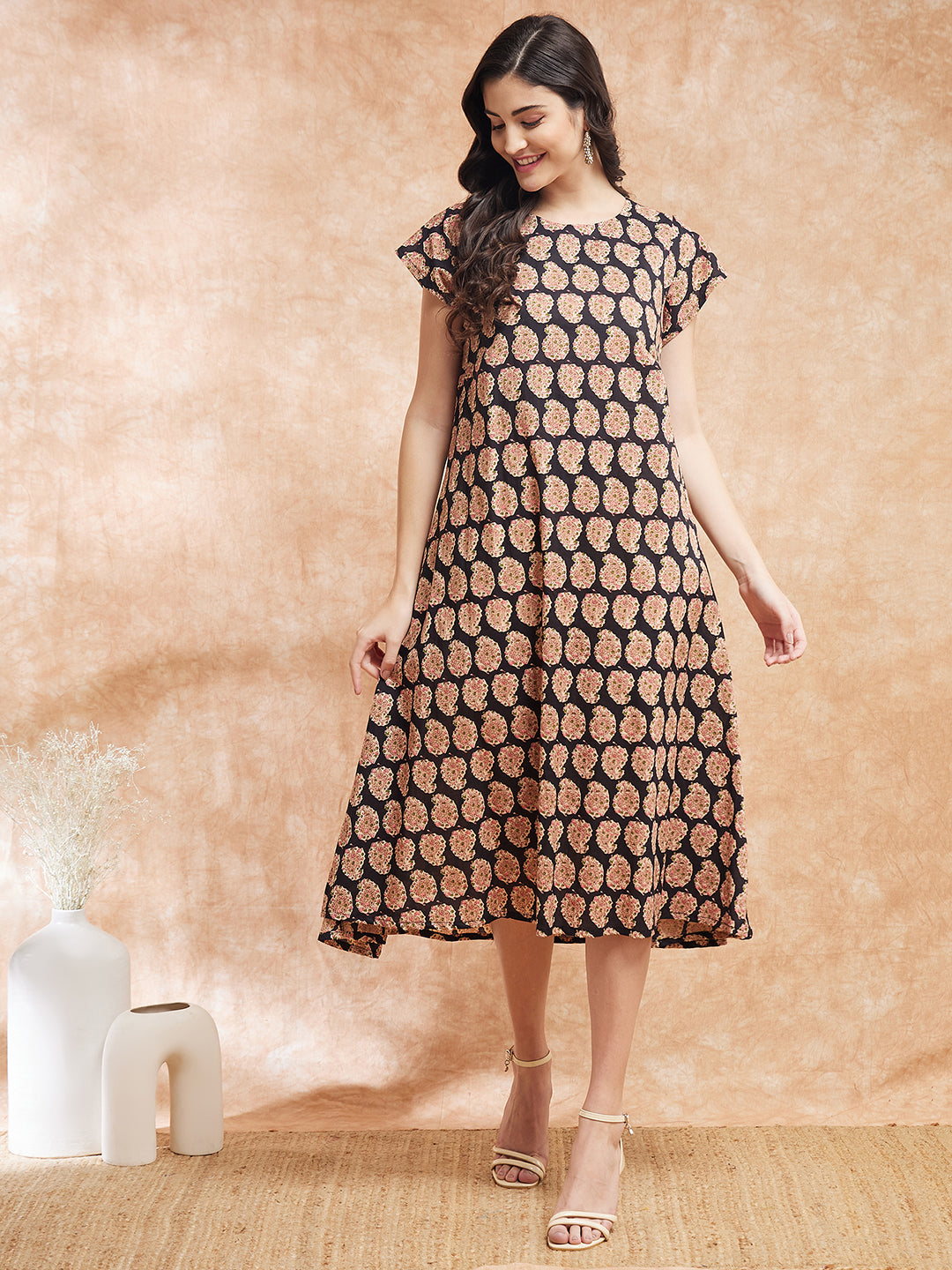 InWeave Women's Black Small Paisley Kalamkari A Line Dress - Distacart