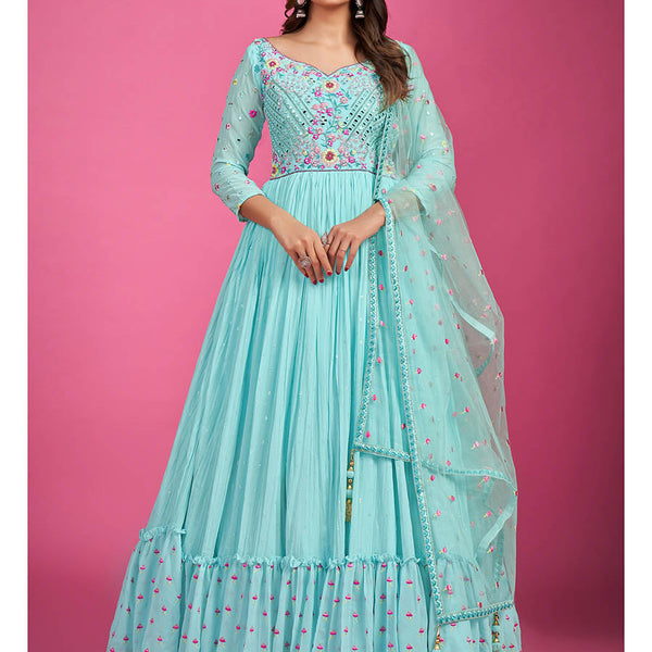 Myra Blue Chinon Silk Embroidered Gown - Distacart