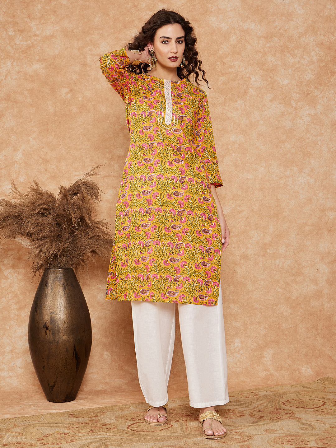 InWeave Women's Mustard Green Lace Gota Work Straight Kurta - Distacart