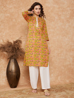 Thumbnail for InWeave Women's Mustard Green Lace Gota Work Straight Kurta - Distacart