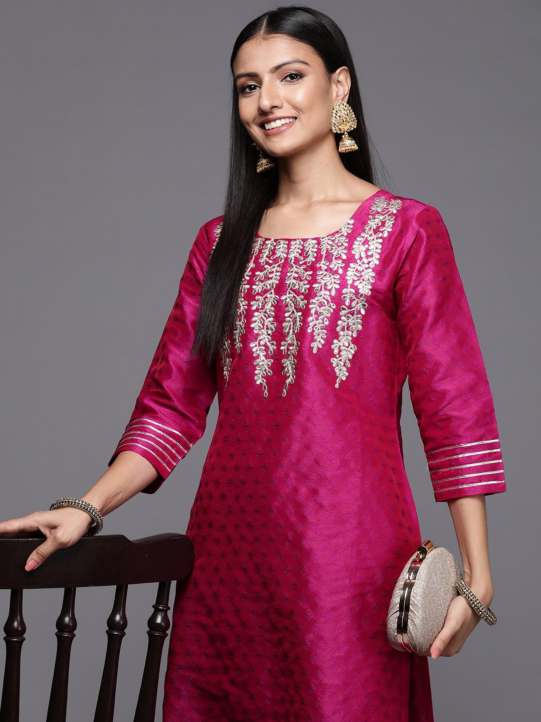 Varanga Pink Embroidered Straight Kurta With Three Quarter Sleeves - Distacart