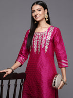 Thumbnail for Varanga Pink Embroidered Straight Kurta With Three Quarter Sleeves - Distacart