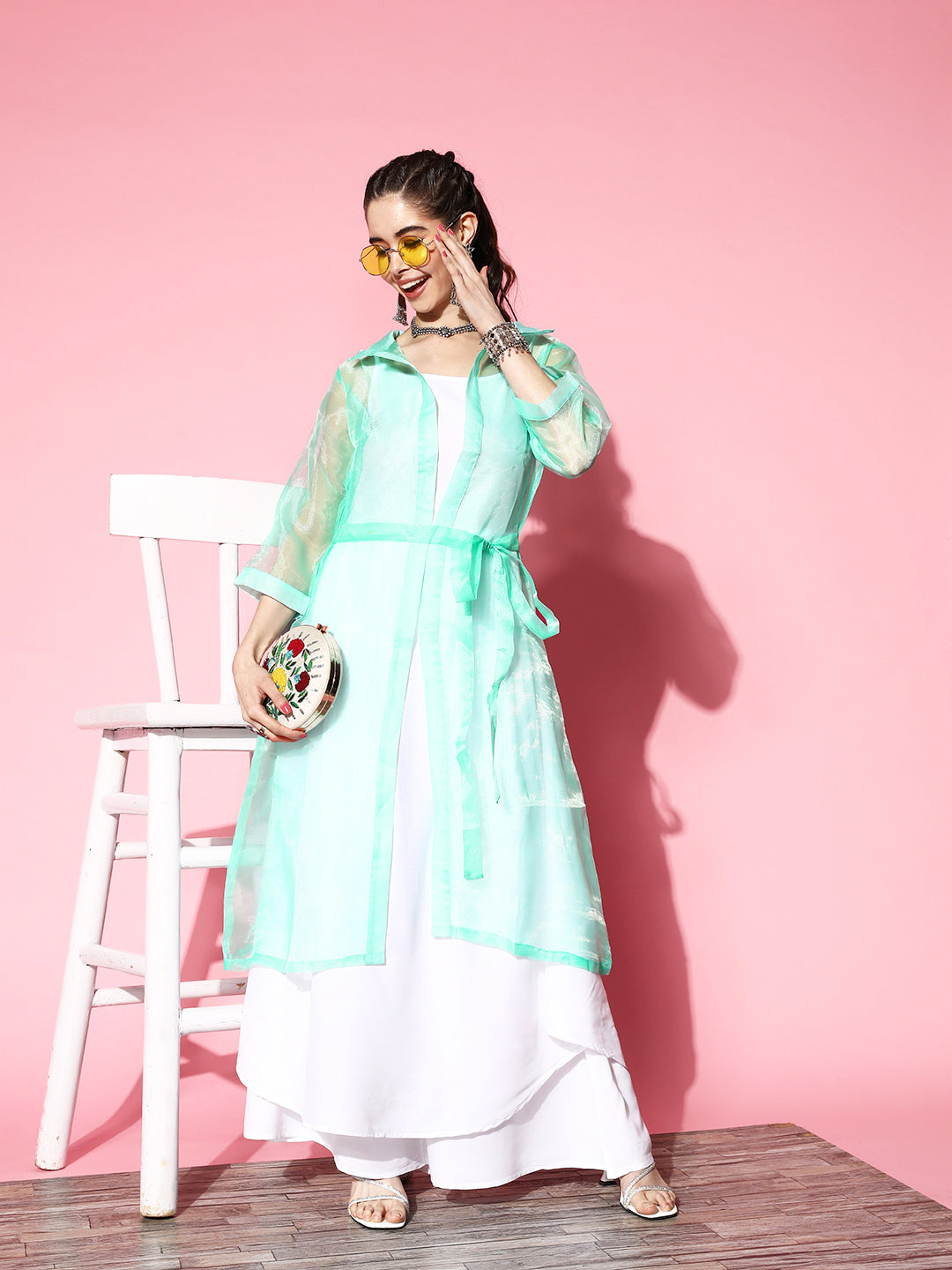 InWeave Women's Cream Strappy Kurta Set With Teal Organza Cape - Distacart