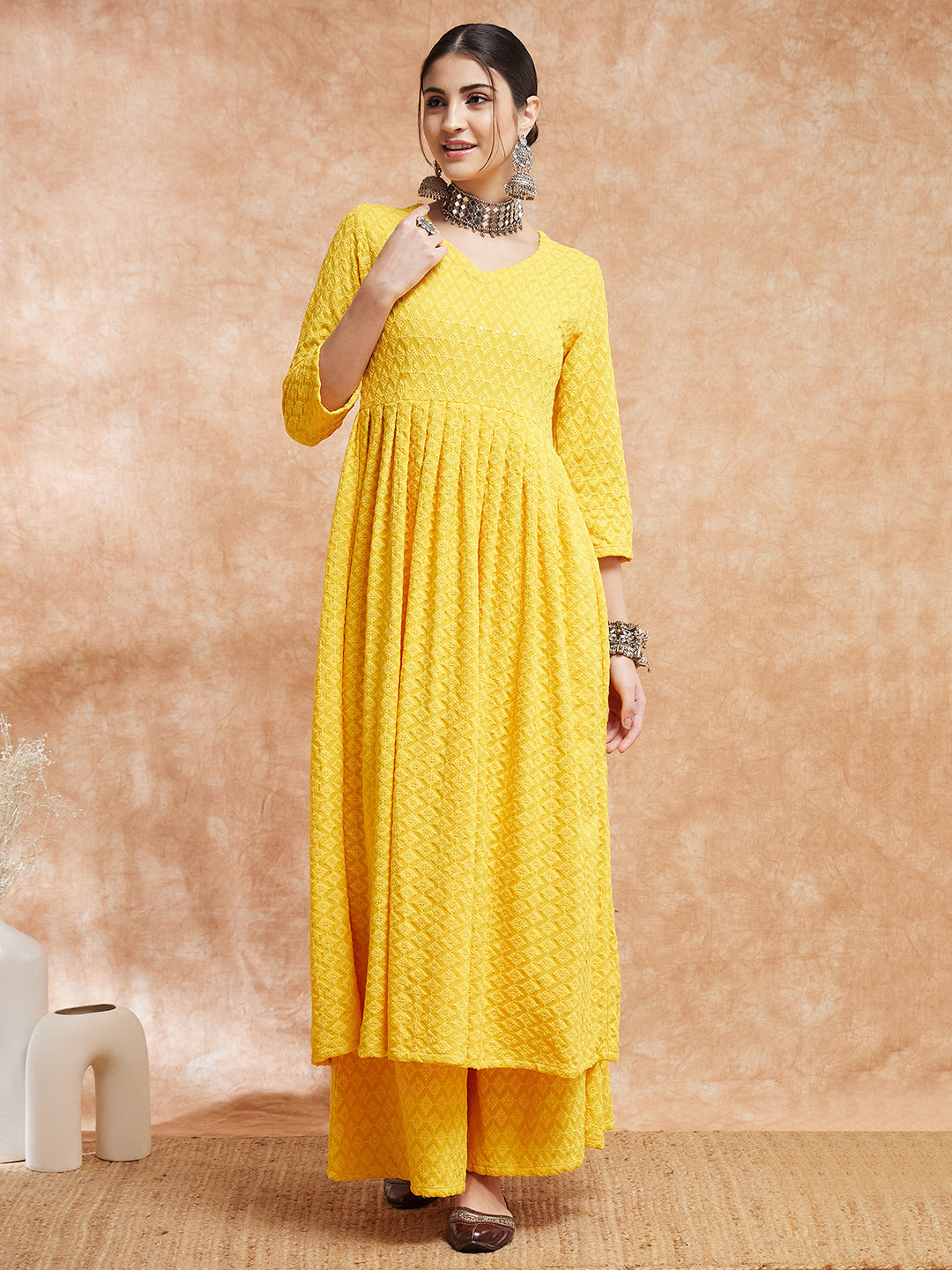 InWeave Women's Butter Yellow Chikankari Long Anarkali Kurta Sharara Set - Distacart