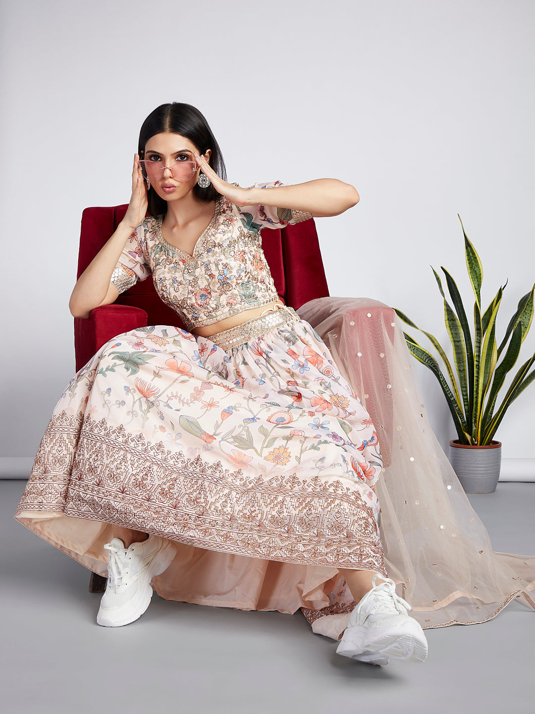House of Panchhi Cream Colour Organza Floral Design Digital Print Lehenga Choli & Dupatta - Distacart