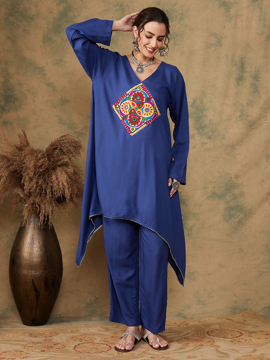 InWeave Women's Ink Blue Square Yellow Patch Work Assymentrical Kurta Set - Distacart