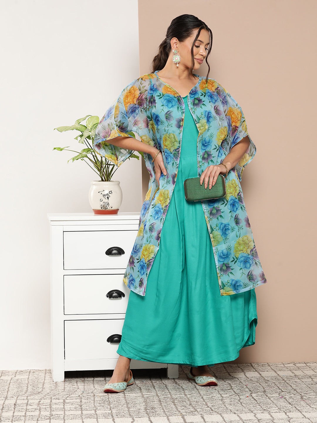 InWeave Women's Teal Blue Strappy Set With Blue Yellow Floral Cape - Distacart