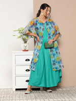 Thumbnail for InWeave Women's Teal Blue Strappy Set With Blue Yellow Floral Cape - Distacart