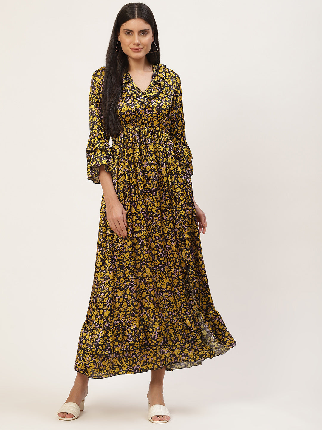 InWeave Women's Mustard Print Ruffled Dress - Distacart