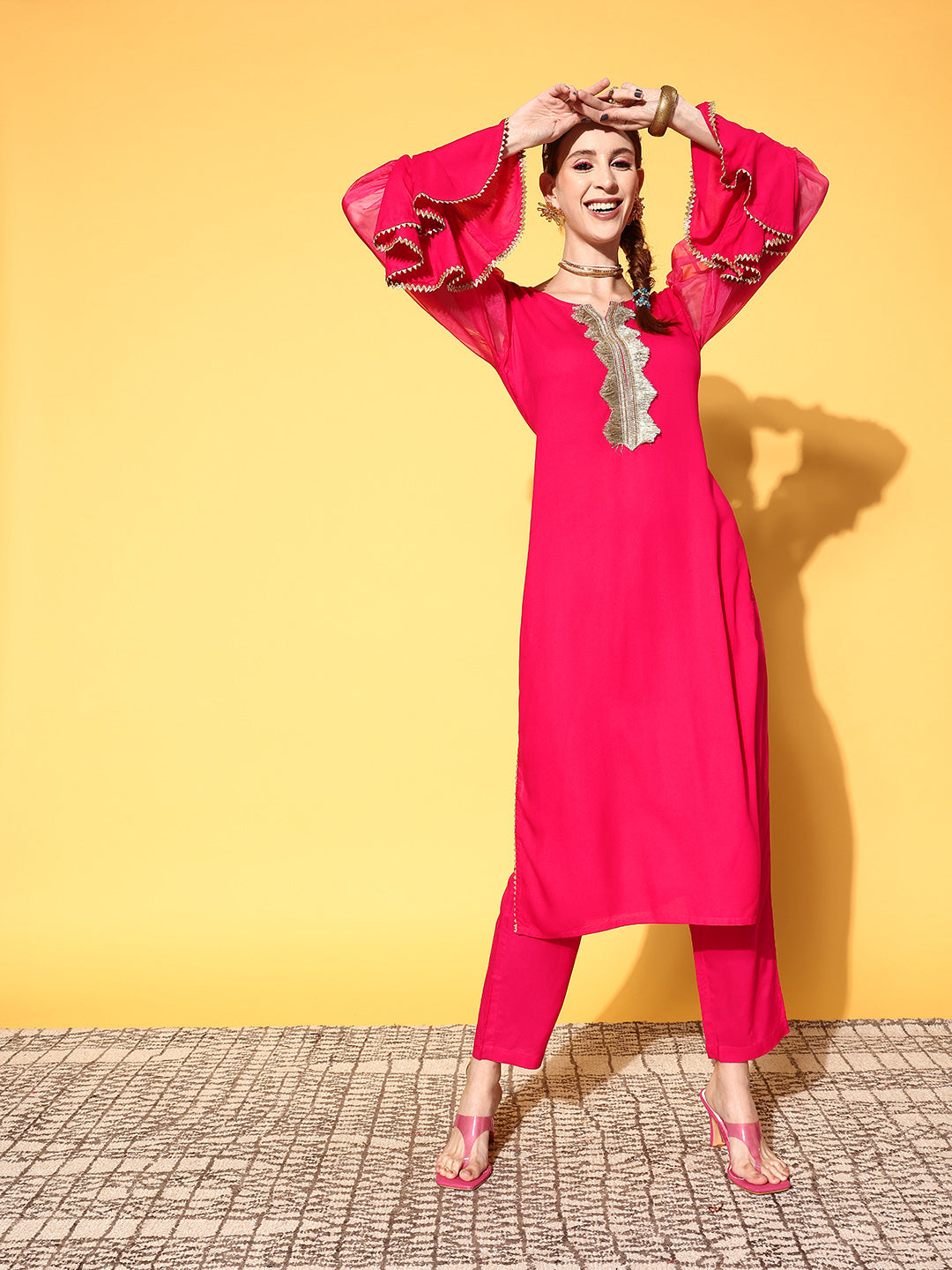 InWeave Women's Fuschia Organza Sleeve Gota Work Kurta Set - Distacart