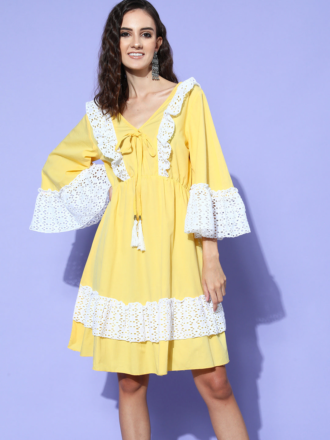 InWeave Women's Yellow Lacy Short Dress - Distacart