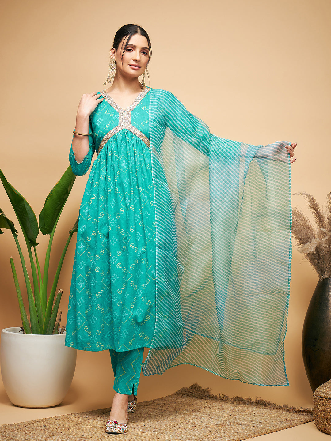 InWeave Women's Aqua S Print Alia Cut Gota Work Kurta Set W Aqua Le Du - Distacart