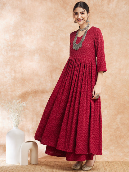 InWeave Women's Maroon Chikankari Long Anarkali Kurta Sharara Set - Distacart