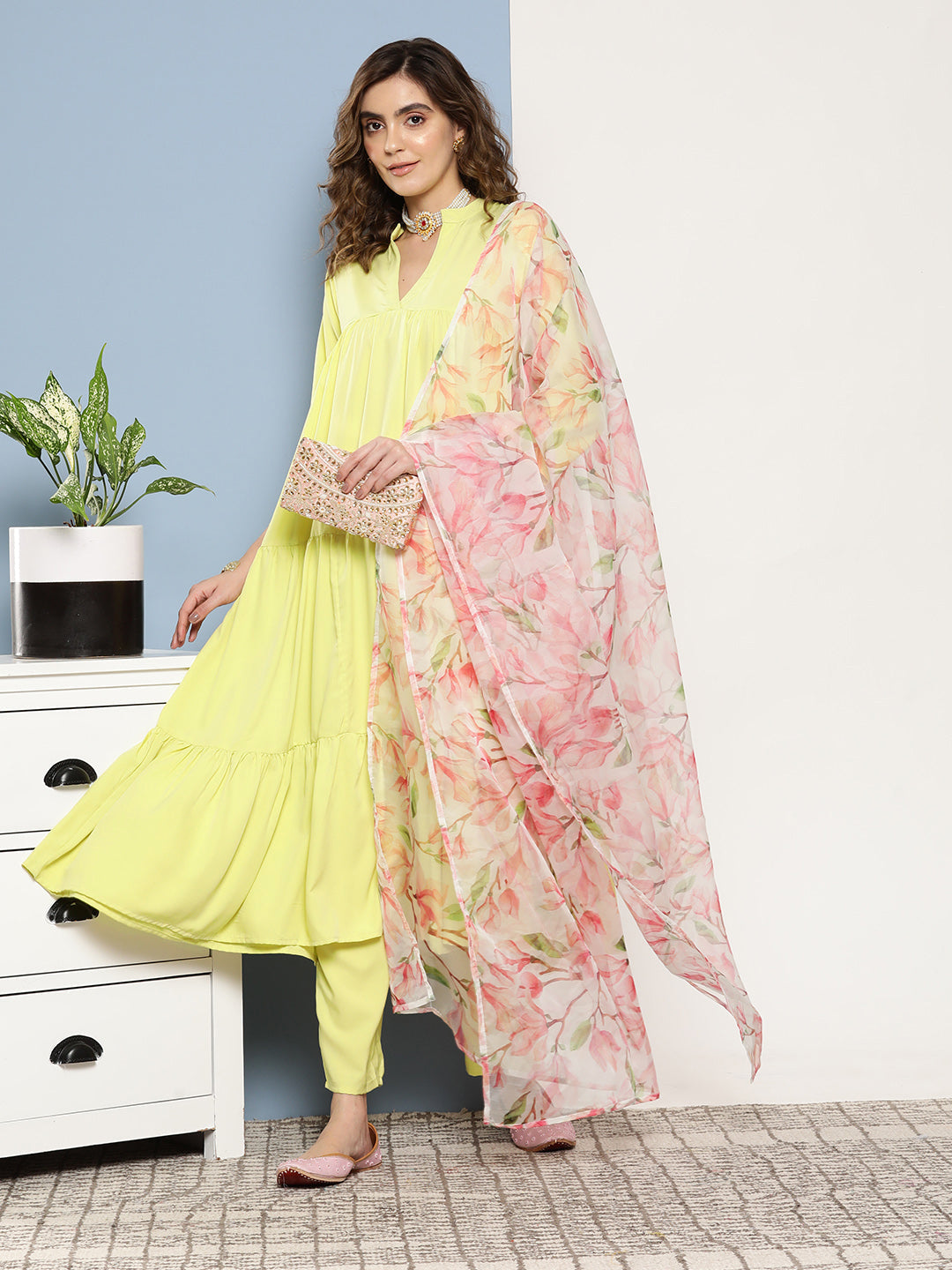 InWeave Women's Lime Green Tiered Anarkali Kurta Set - Distacart