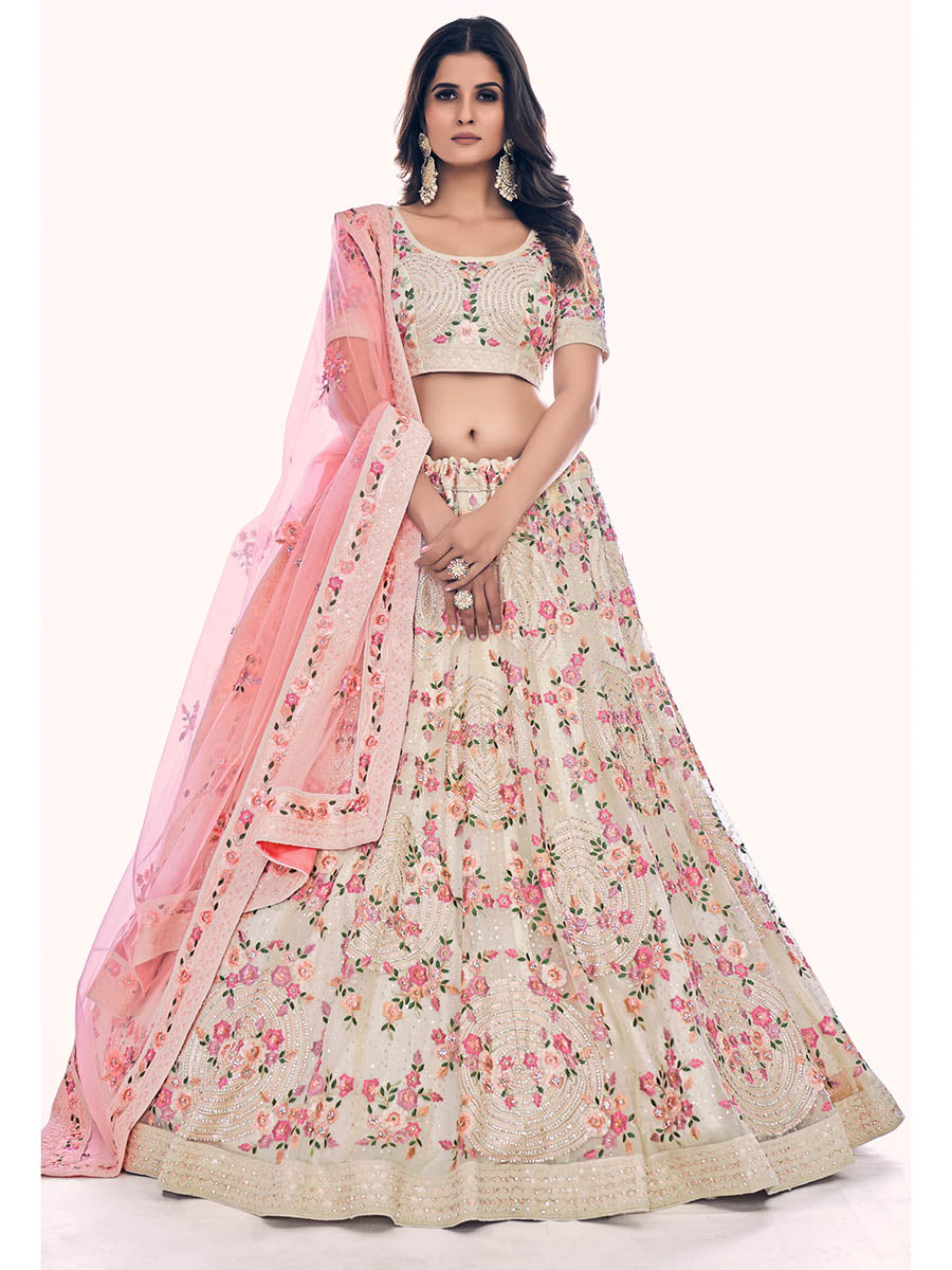 Myra White Soft Net Embroidered Designer Lehenga Choli - Distacart