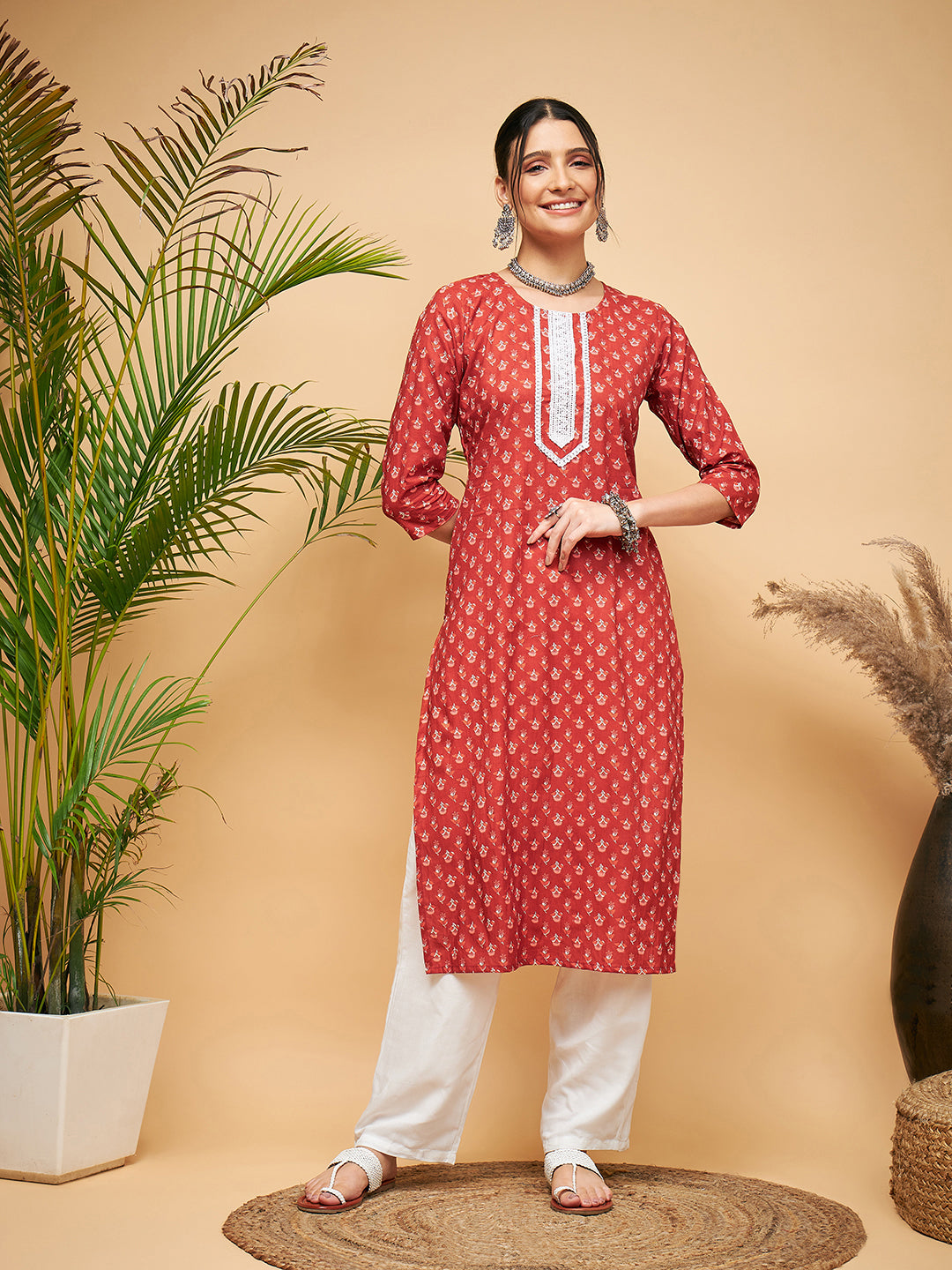 InWeave Women's Rust Small Floral Print Lace Straight Kurta Pant Set - Distacart