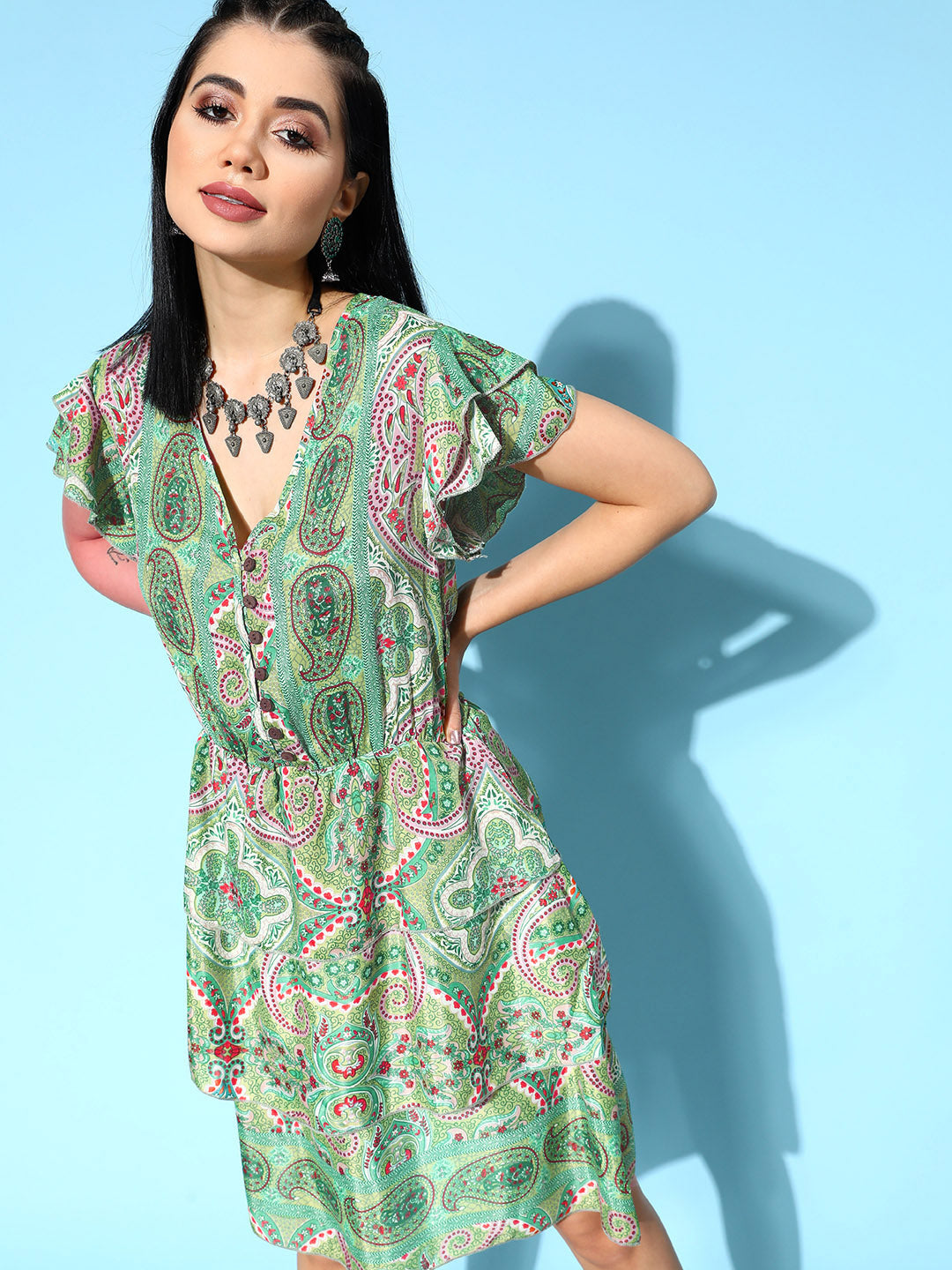 InWeave Women's Soft Green Tiered Short Dress - Distacart