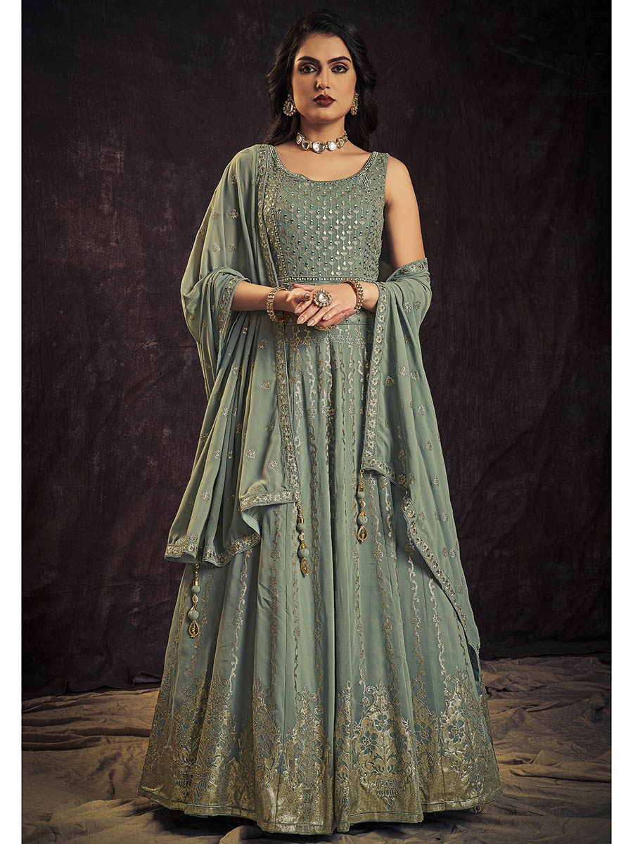 Myra Olive Real Georgette Designer Gown Style Suit - Distacart