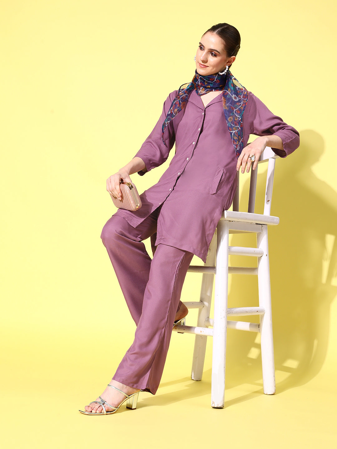 InWeave Women's Mauve Coord Set With Indigo Kalamkari Scarf - Distacart