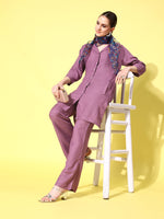 Thumbnail for InWeave Women's Mauve Coord Set With Indigo Kalamkari Scarf - Distacart