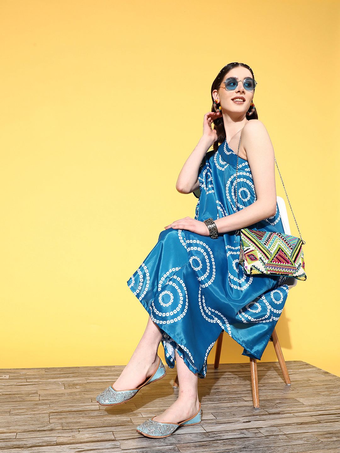 InWeave Women's Blue Bandhani Motif One Shoulder Palazzo Set - Distacart