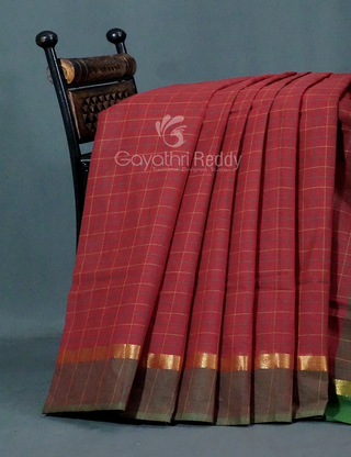Maroon With Checks Pure Mangalgiri Cotton Saree By Gayathri Reddy Designer Studio - Distacart