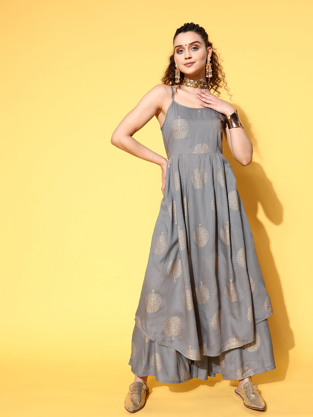 InWeave Women's Grey Gold Strappy Kurta Set - Distacart