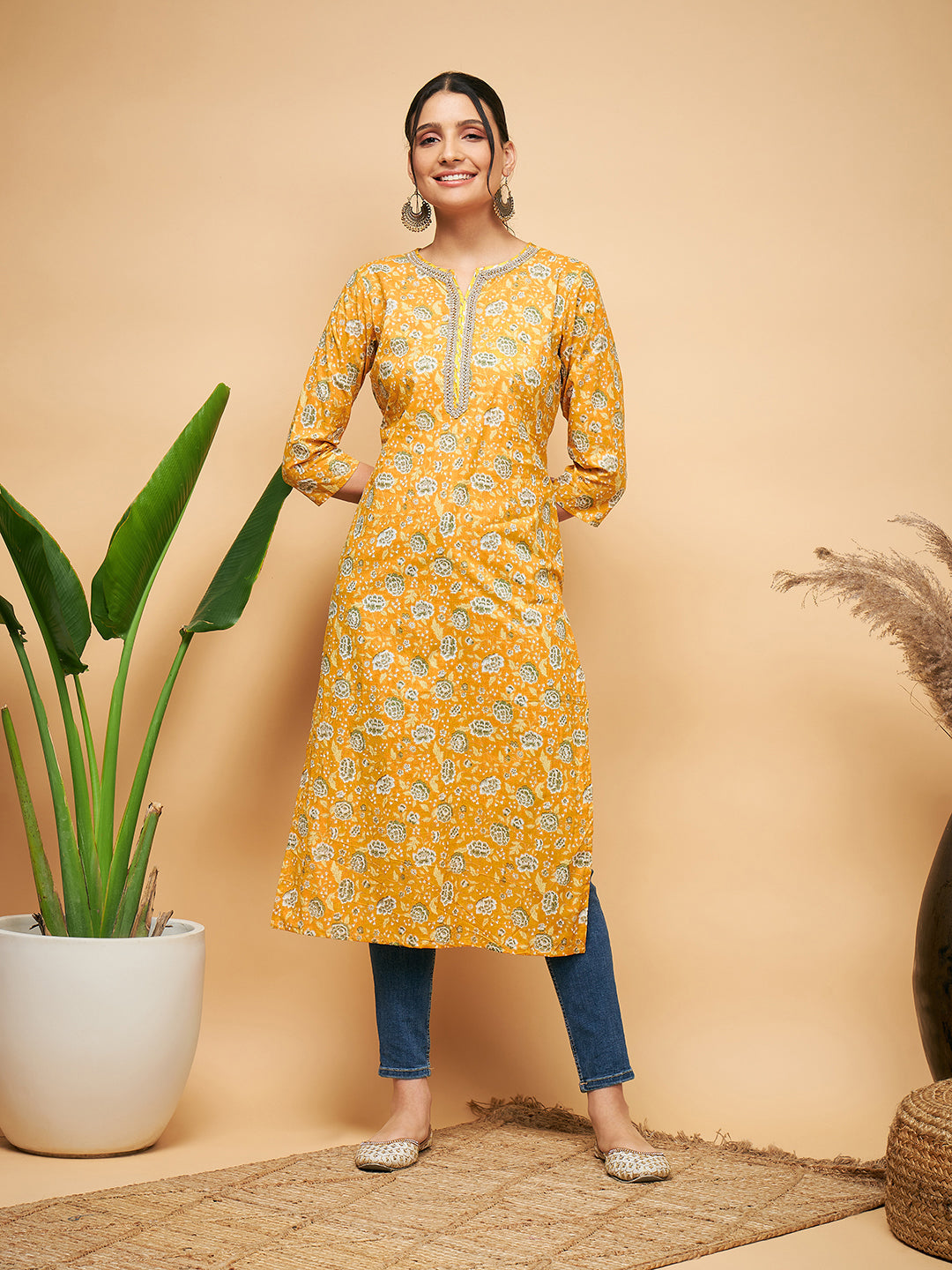 InWeave Women's Yellow Foil Print Gota Straight Kurta - Distacart