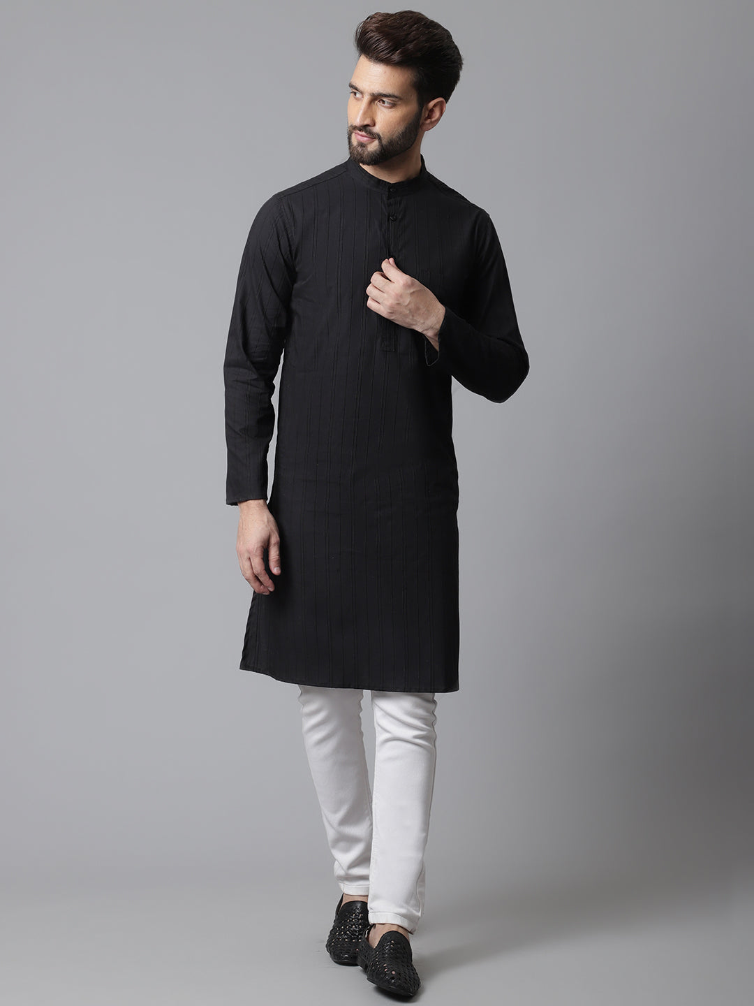 Even Apparels Black Striped Kurta With Band Collar - Distacart