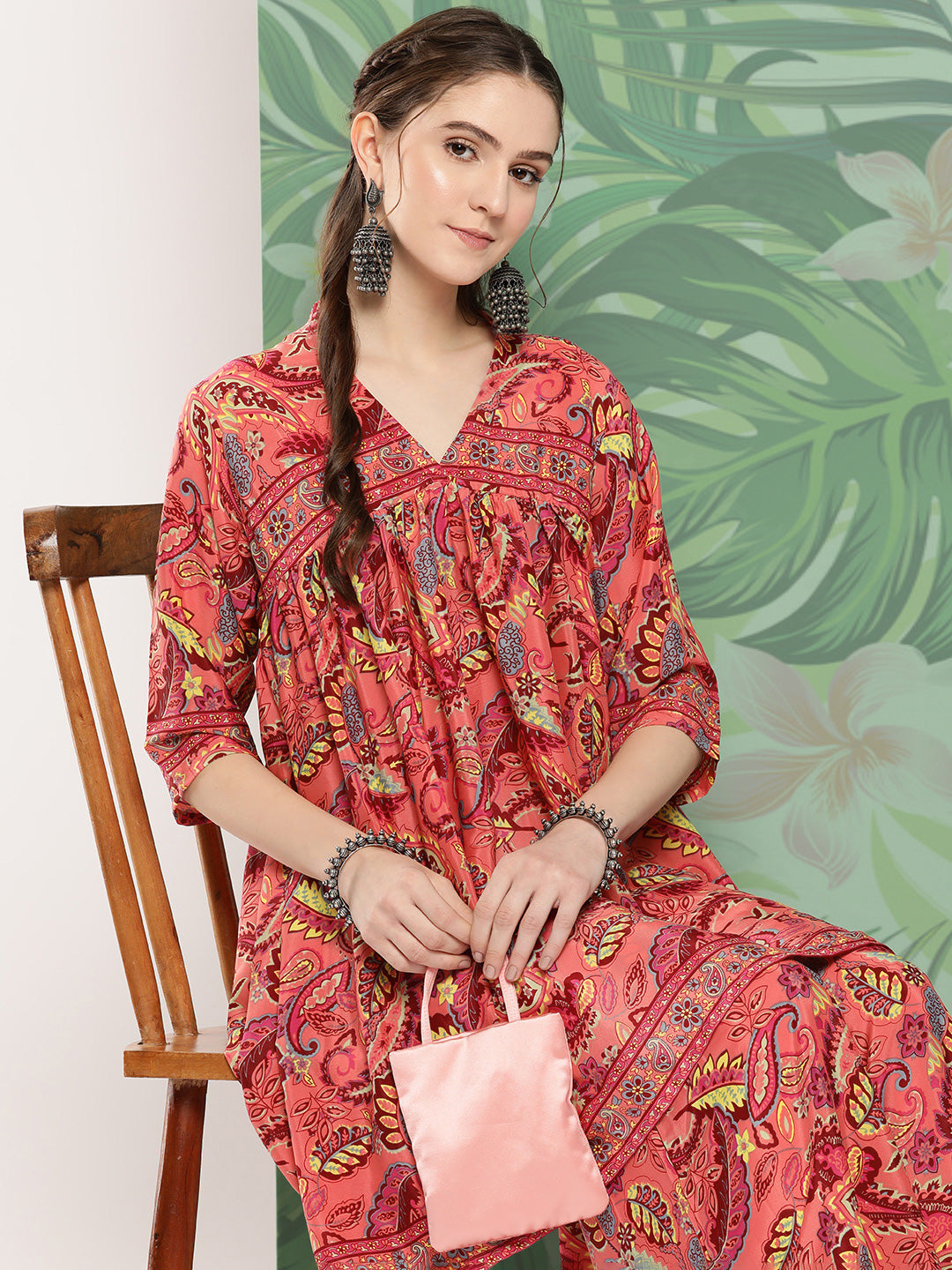 InWeave Women's Peach Camelia Printed Ethnic Kurta Set - Distacart