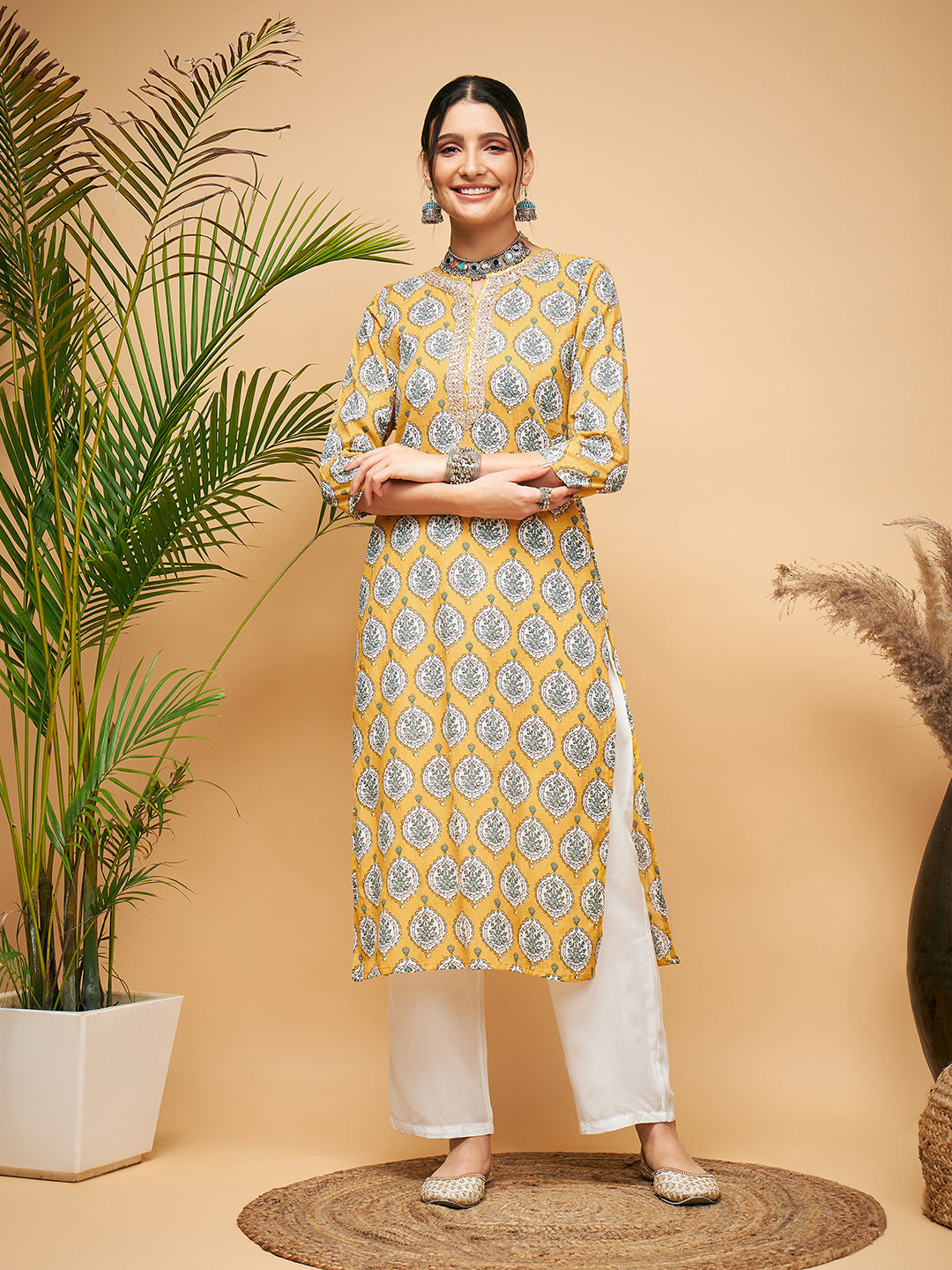 InWeave Women's Sunset Boota Print Gota Straight Kurta - Distacart