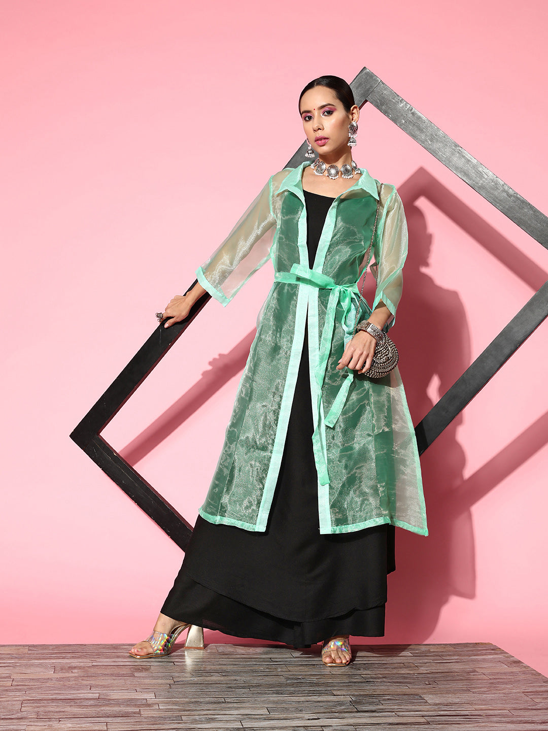 InWeave Women's Black Strappy Kurta Set With Teal Organza Cape - Distacart