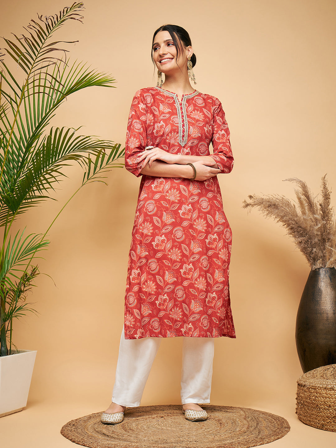 InWeave Women's Rust Paisley Print Gota Straight Kurta - Distacart