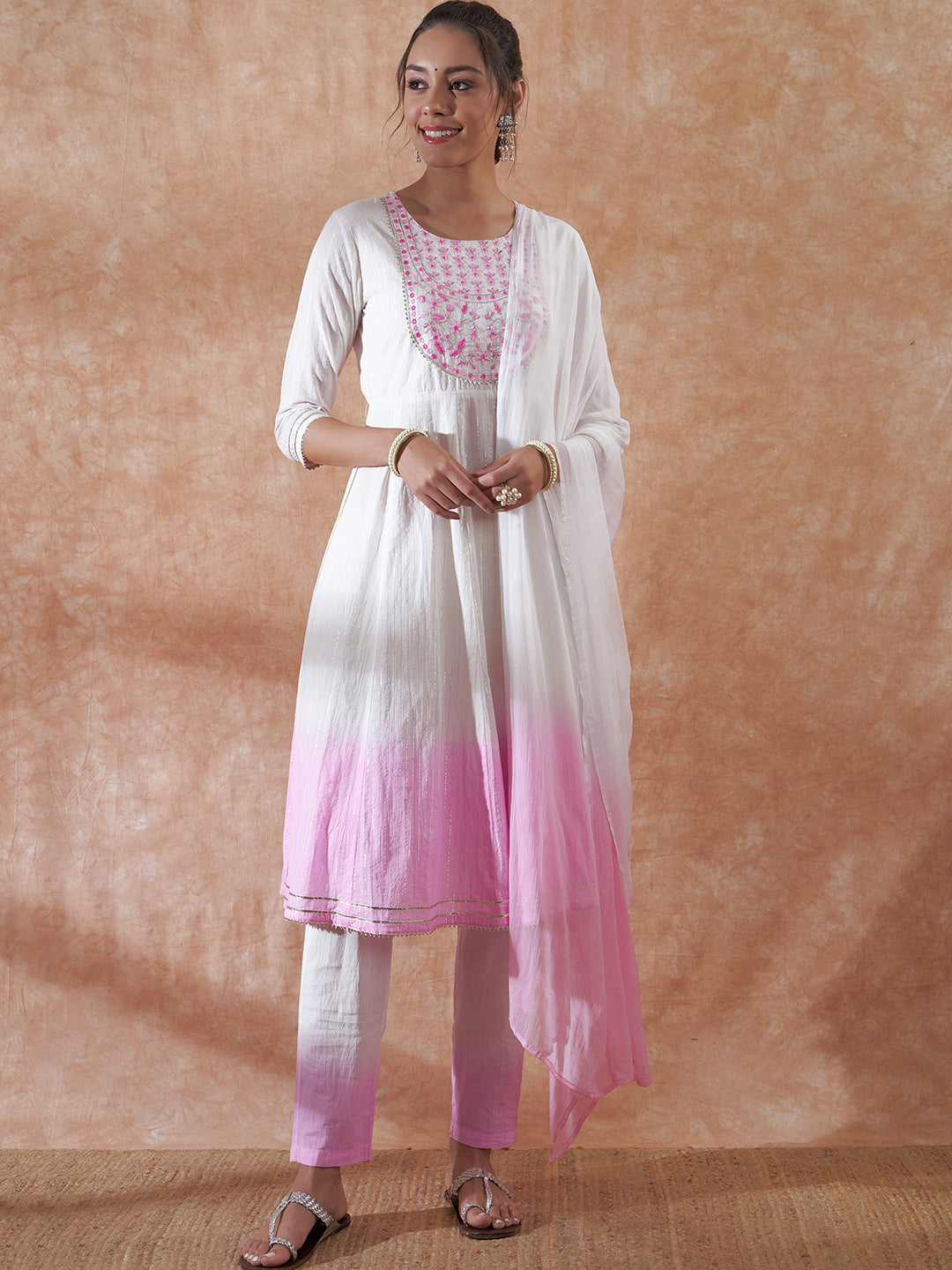 InWeave Women's White Lurex Pink Dye Patch Gota Anarkali Kurta Set W Dupatta - Distacart
