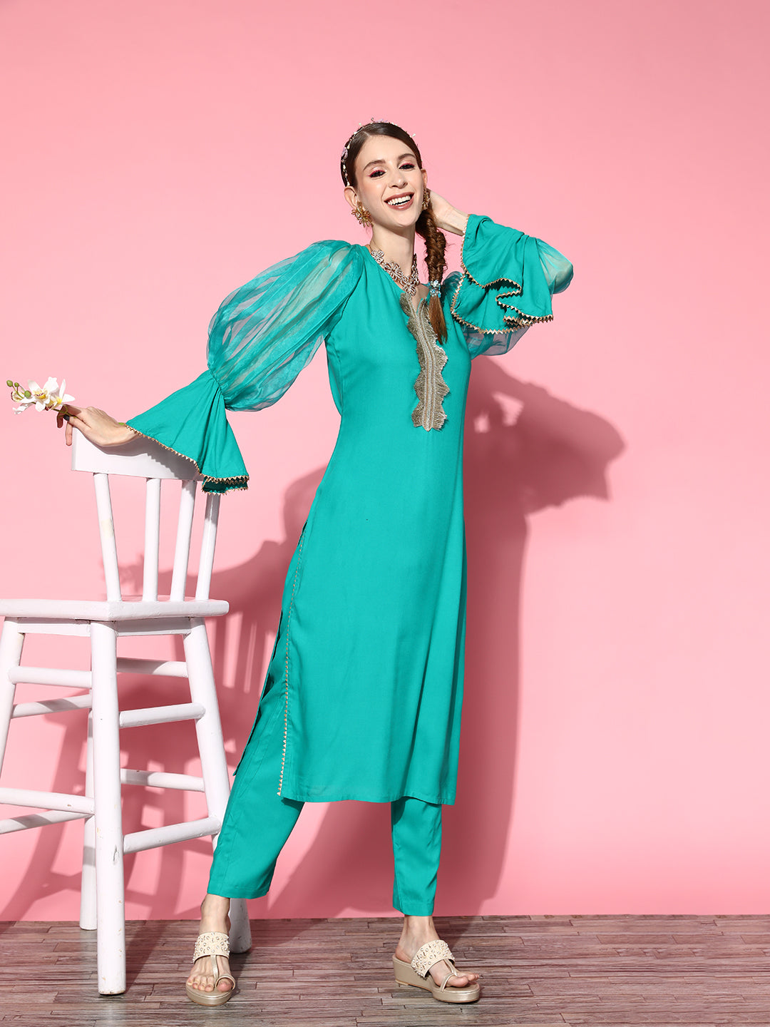 InWeave Women's Aqua Organza Sleeve Gota Work Kurta Set - Distacart