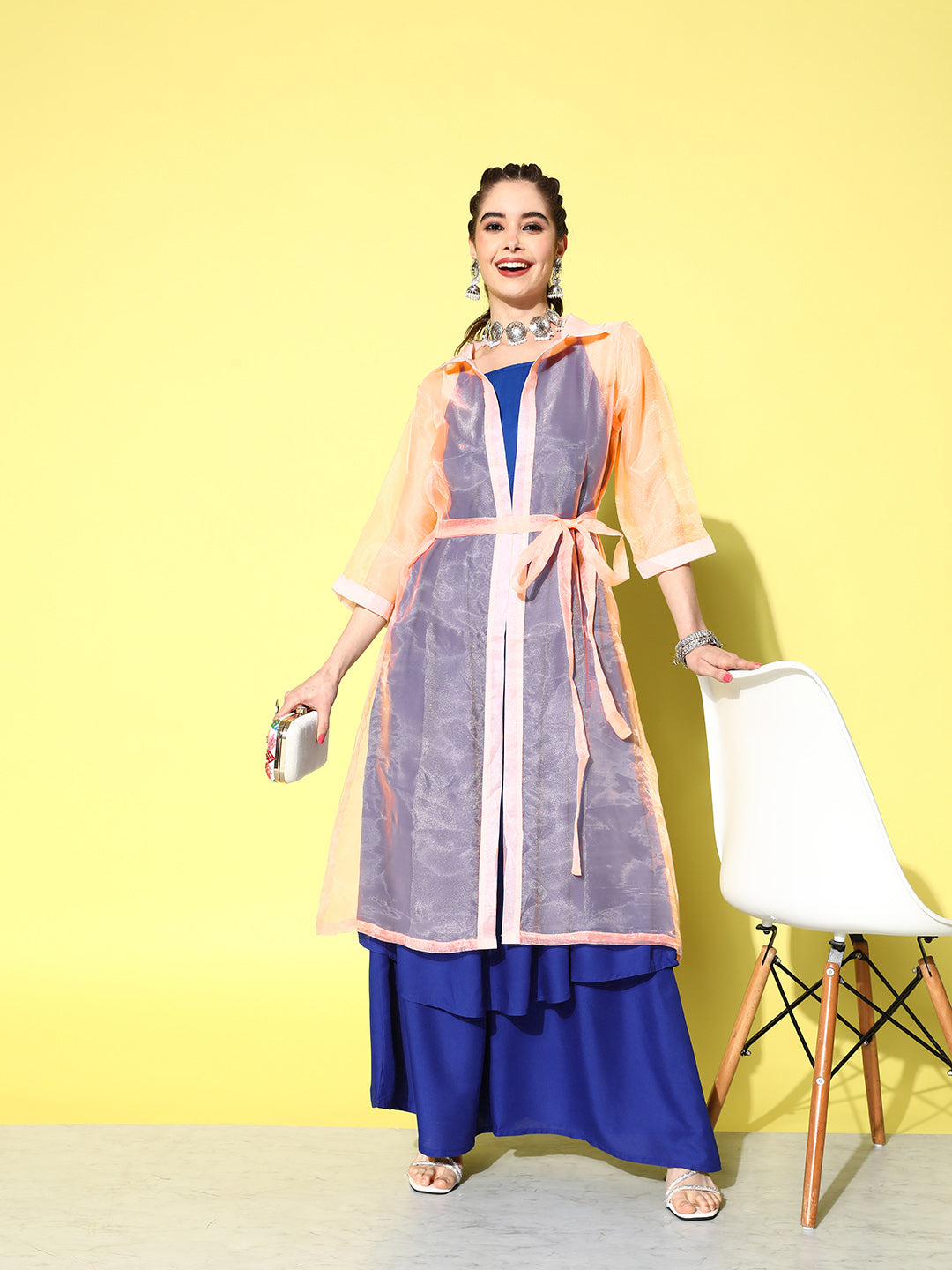InWeave Women's Ink Blue Strappy Kurta Set With Peach Organza Cape - Distacart