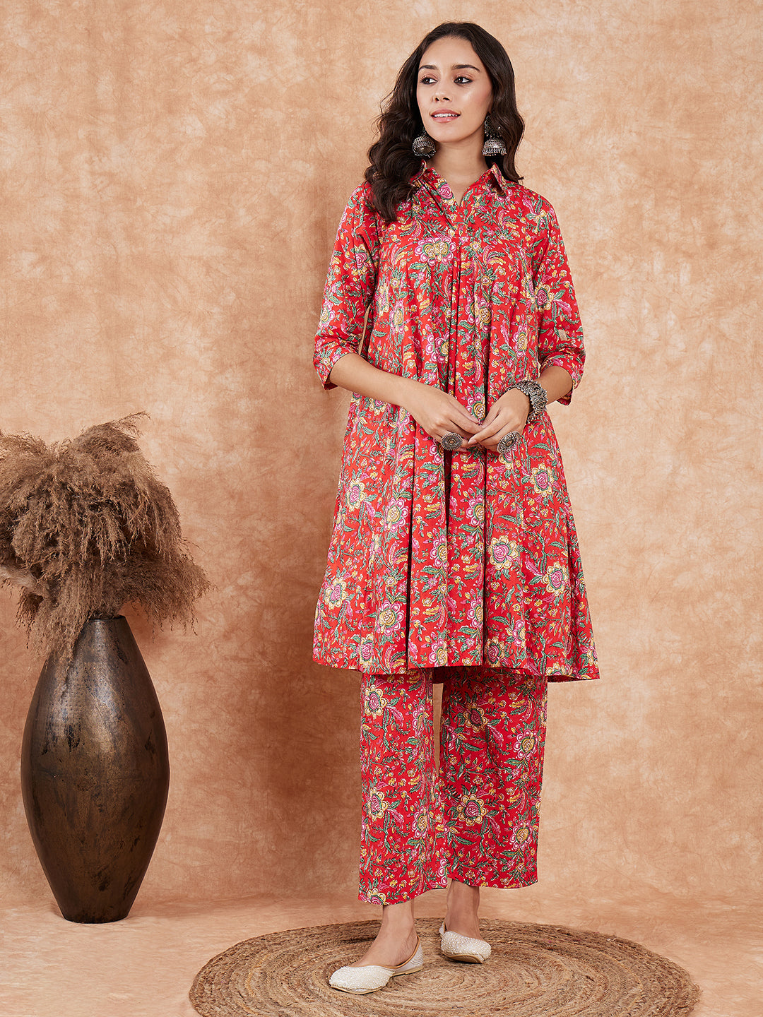InWeave Women's Red Yellow Floral Print Flared Kurta Pant Set - Distacart