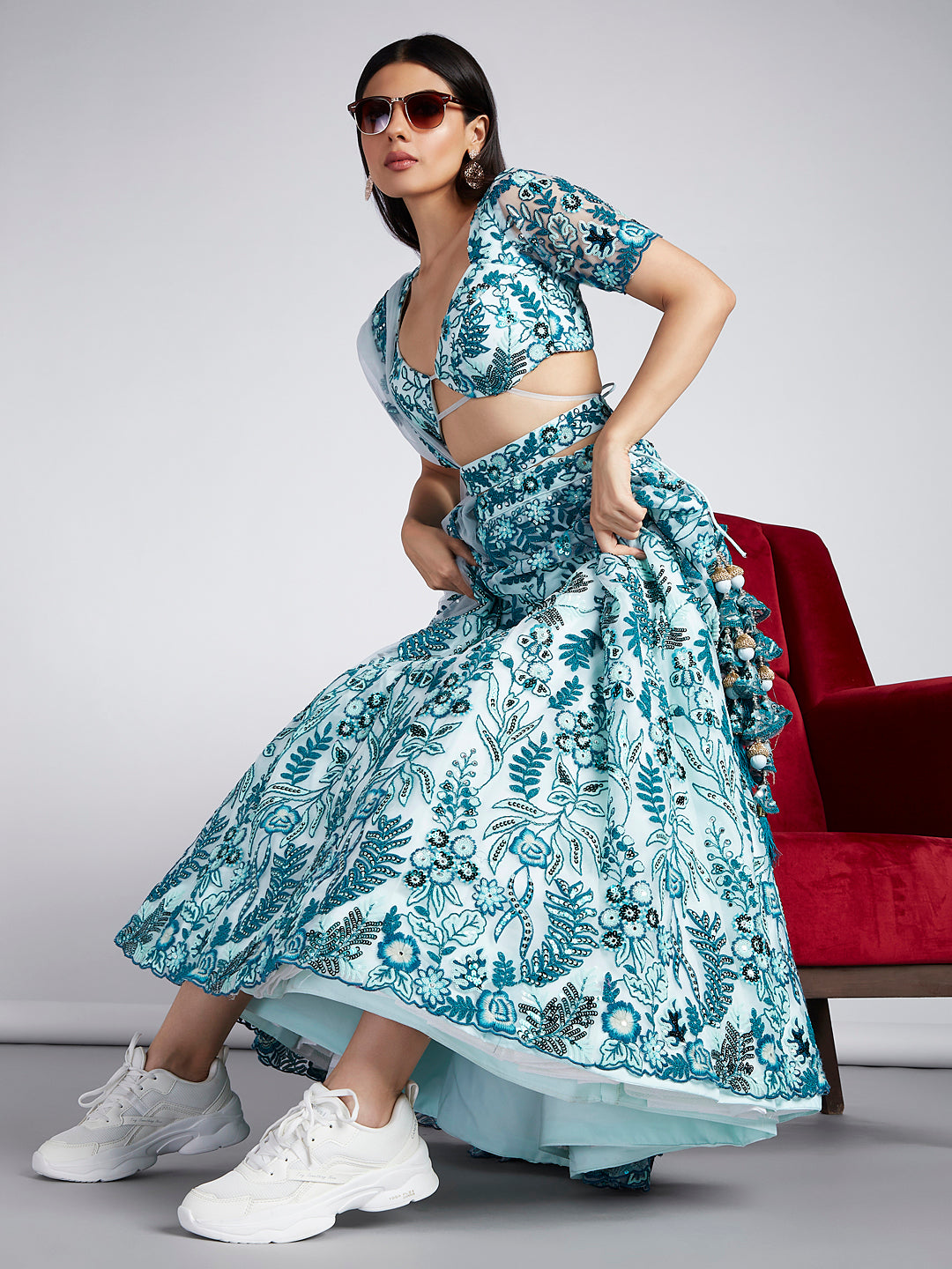 House of Panchhi Turquoise Blue Net Sequins, Mirror And Thread Embroidery Lehenga Choli & Dupatta - Distacart
