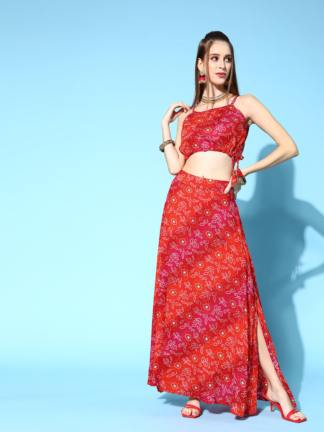 InWeave Women's Red Bandhej Crop Top With Skirt Set - Distacart