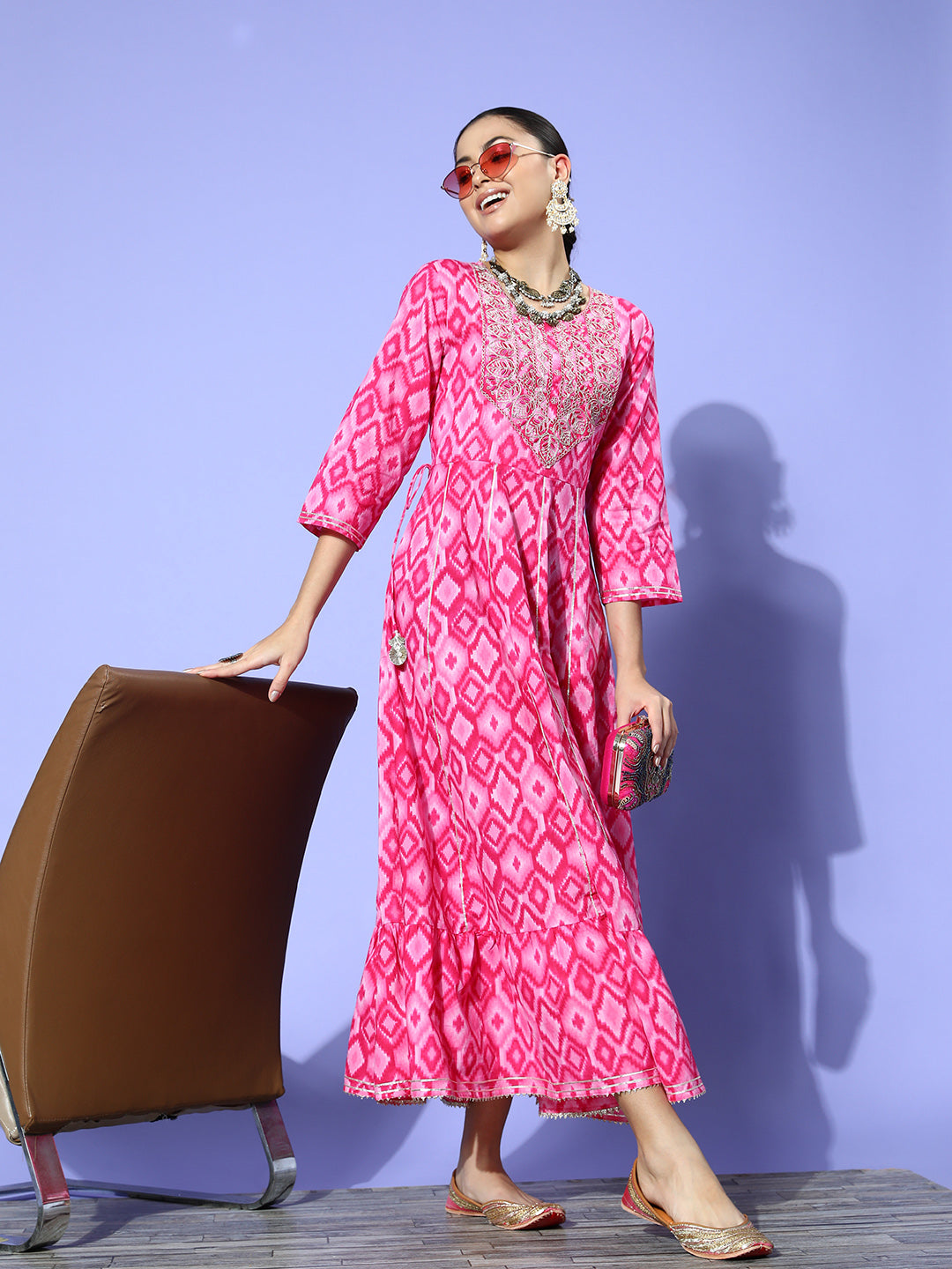 InWeave Women's Abstract Pink Print Long Dress With Work - Distacart